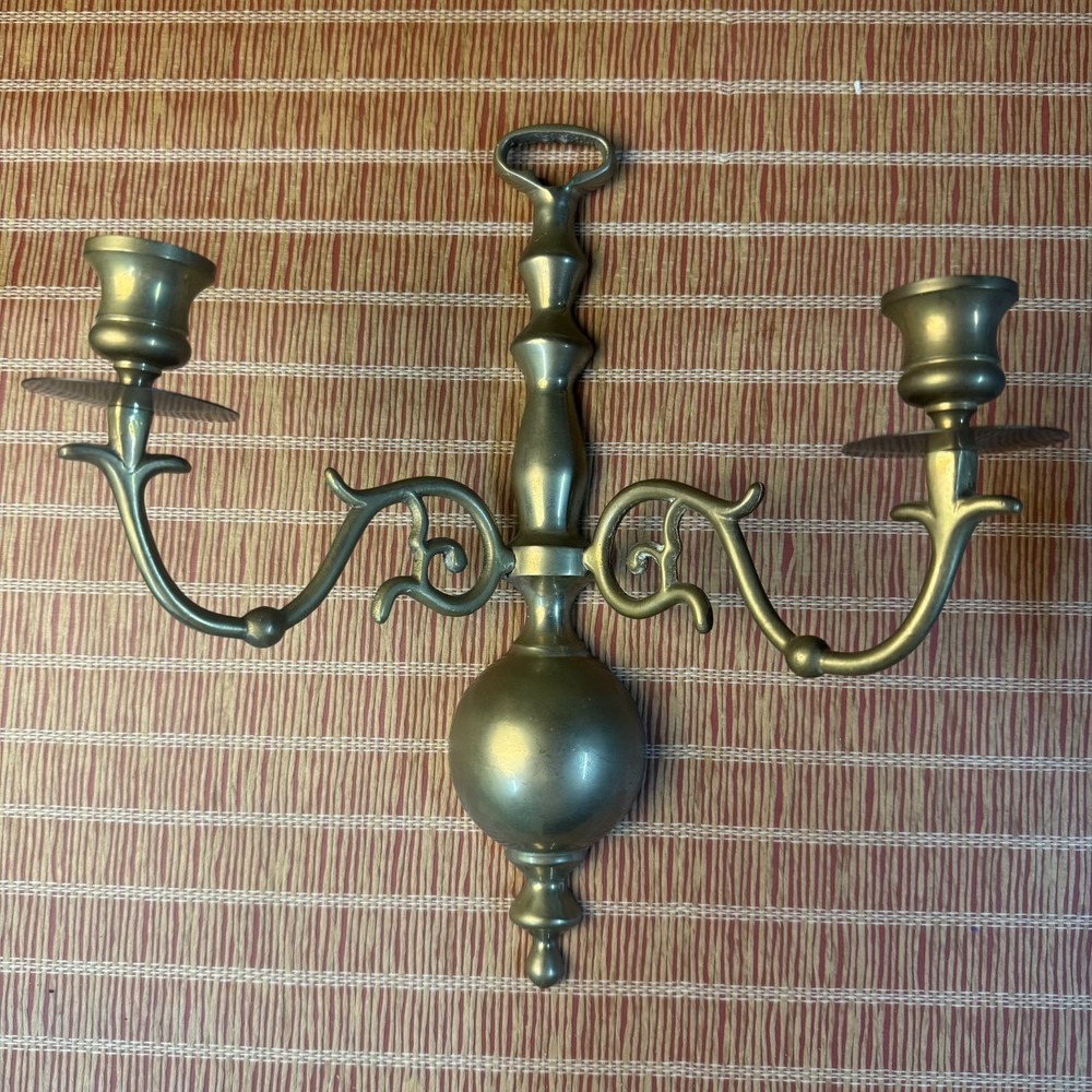 Pair of Brass Wall Sconce Candle Double Arm Candelabra Dark Academia Regency - Picture 2 of 7
